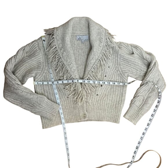 dh NEW YORK Mika Fringe Trim Crop Cardigan S Ecru Wool Blend Boho Cozy Knit - Picture 5 of 9